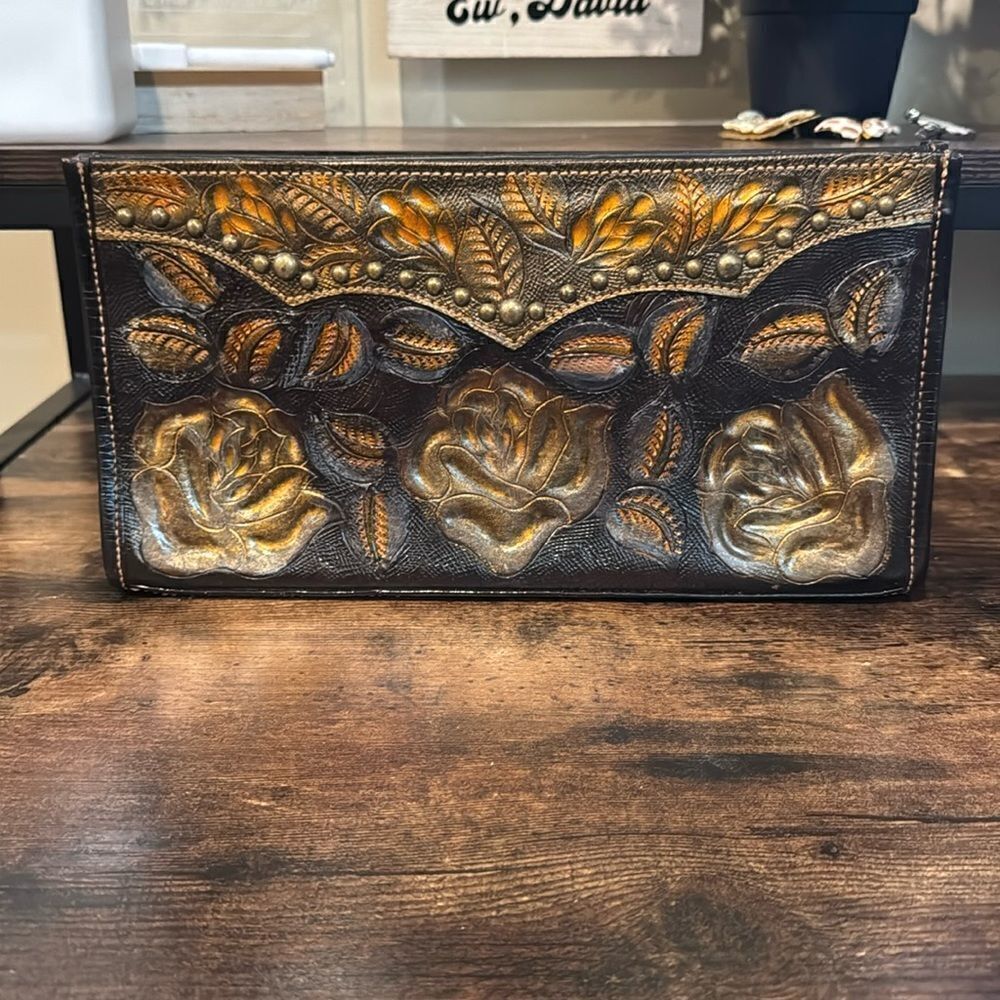 American West Black and Gold Floral Clutch